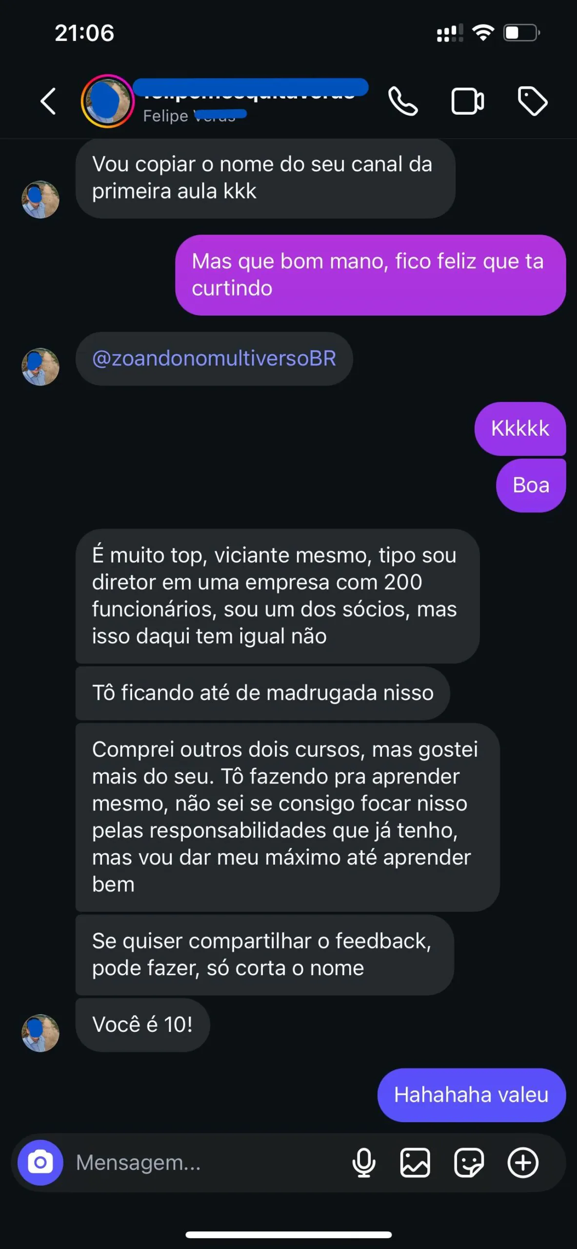 Mensagem real de aluno da Escola da IA 12