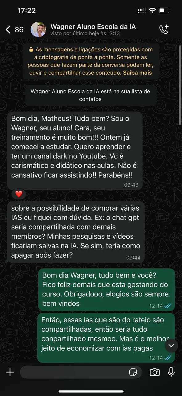 Mensagem real de aluno da Escola da IA 10