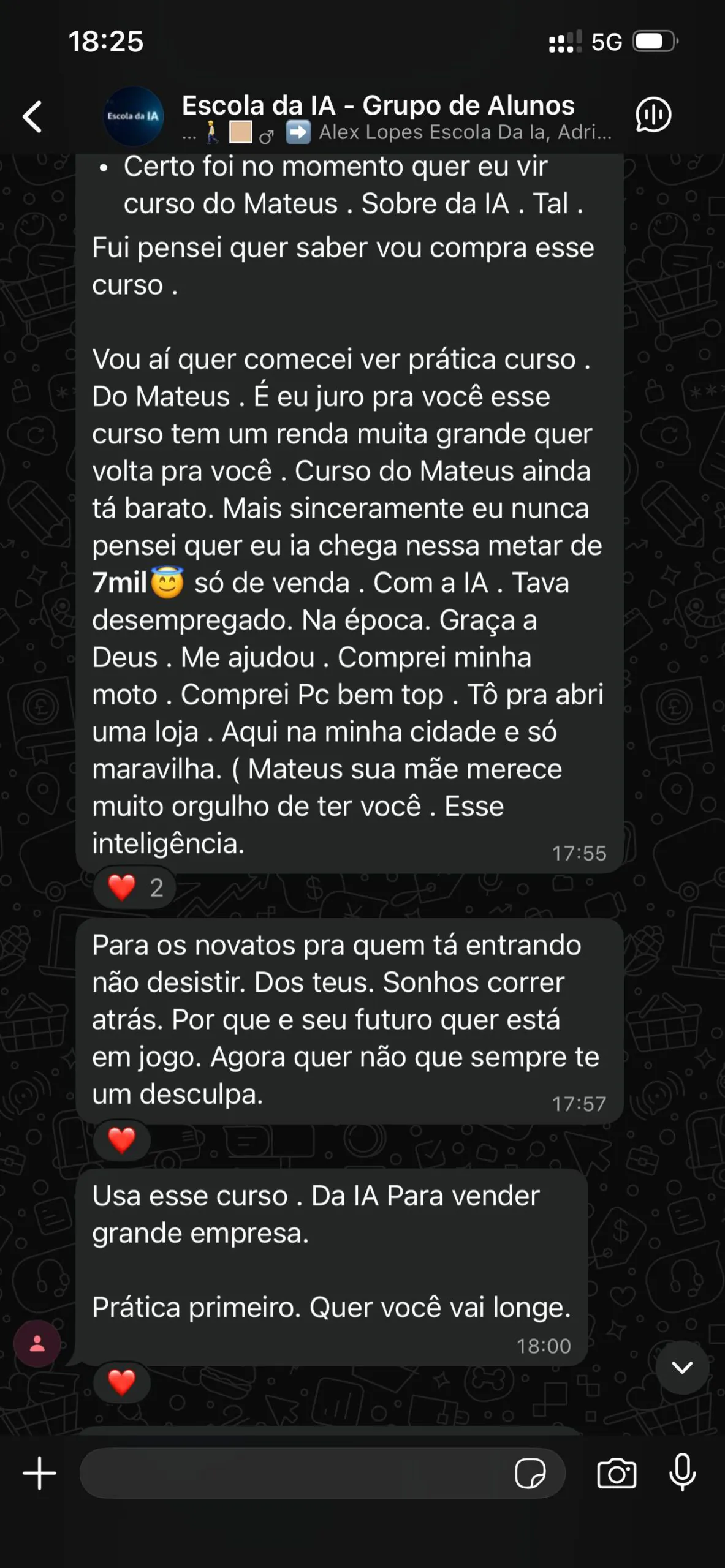 Mensagem real de aluno da Escola da IA 9