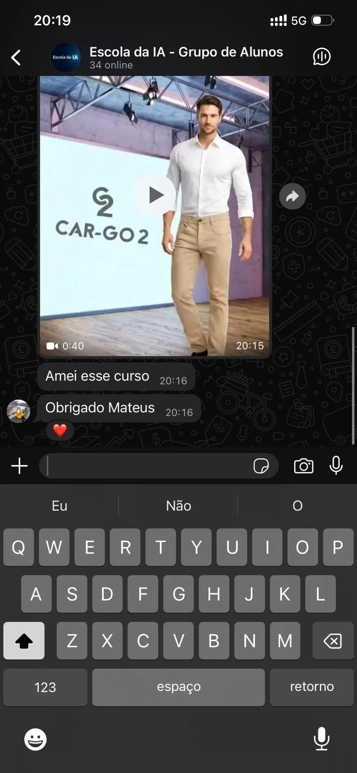 Mensagem real de aluno da Escola da IA 8