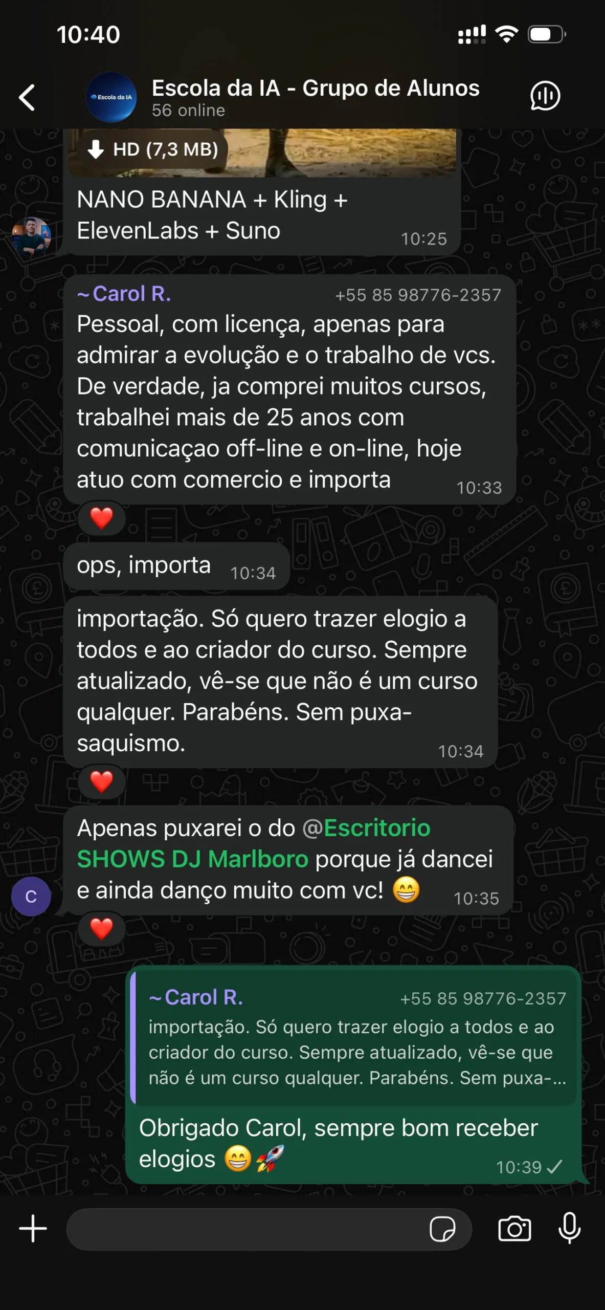 Mensagem real de aluno da Escola da IA 7