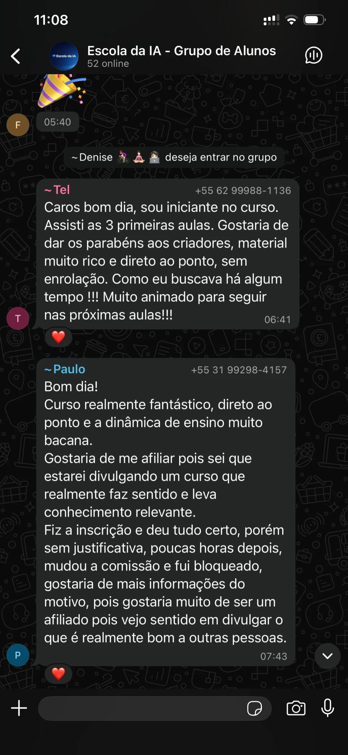 Mensagem real de aluno da Escola da IA 3
