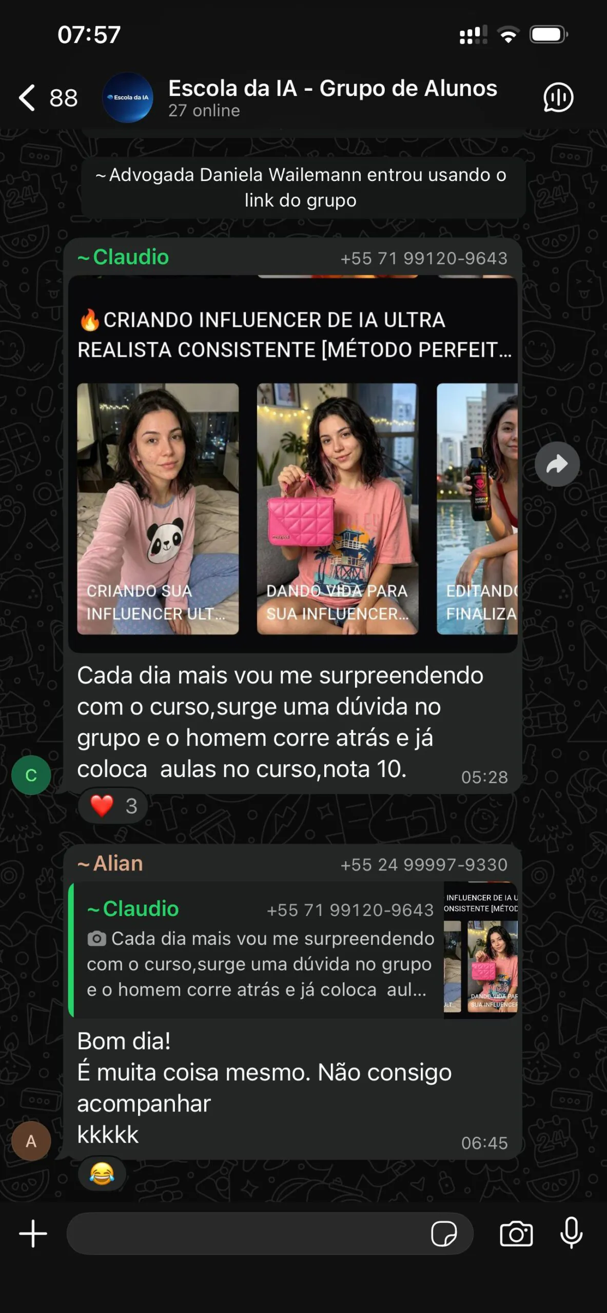 Mensagem real de aluno da Escola da IA 1