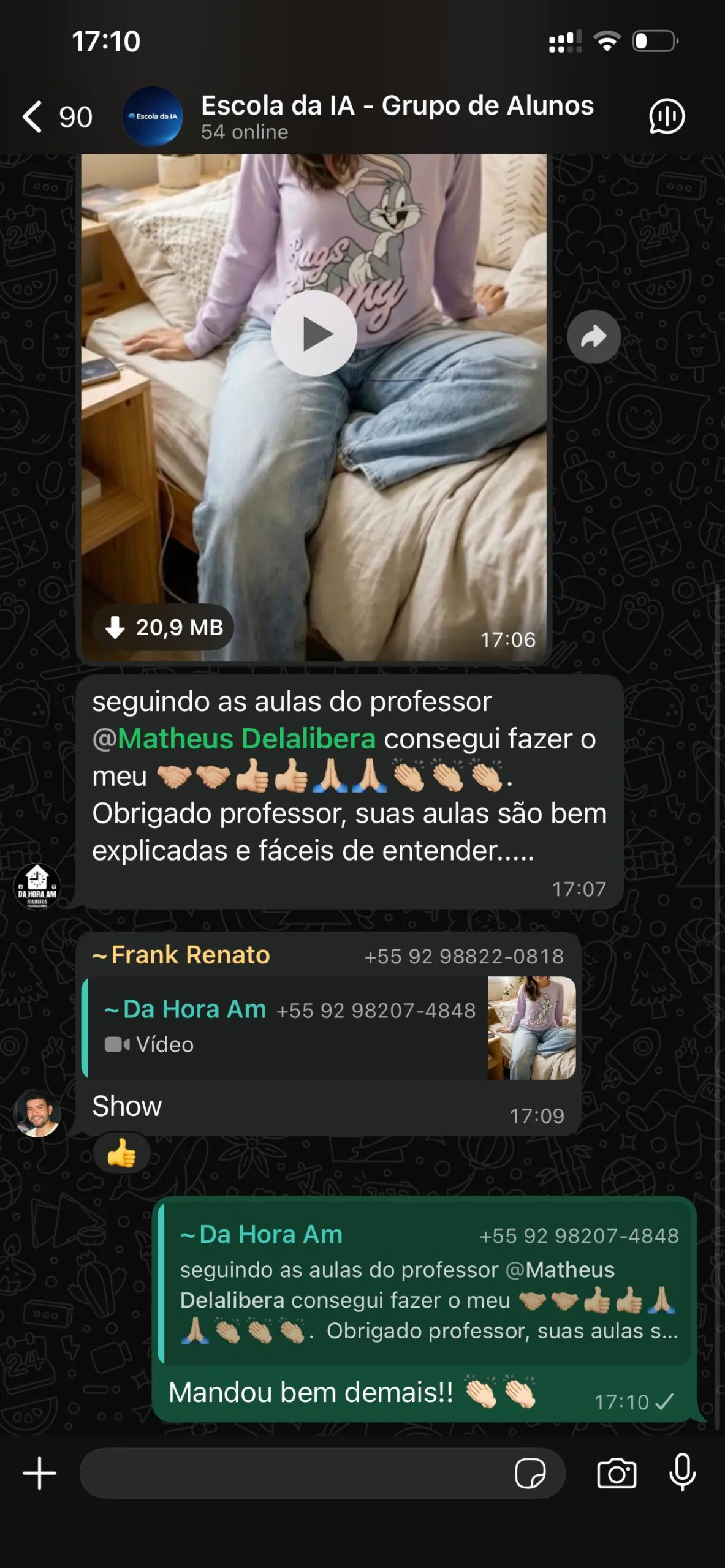 Mensagem real de aluno da Escola da IA 6
