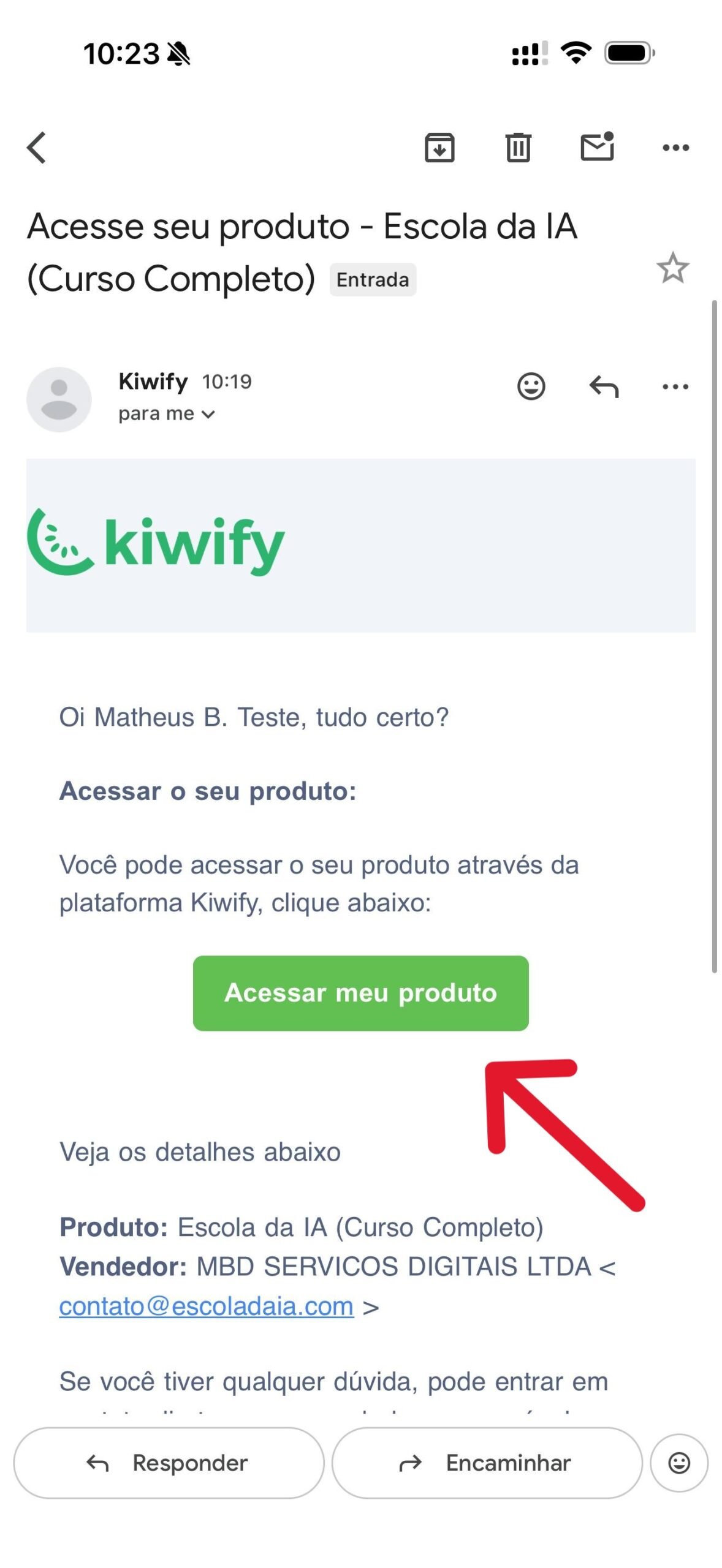 E-mail da Kiwify mostrando o botão verde Acessar meu produto
