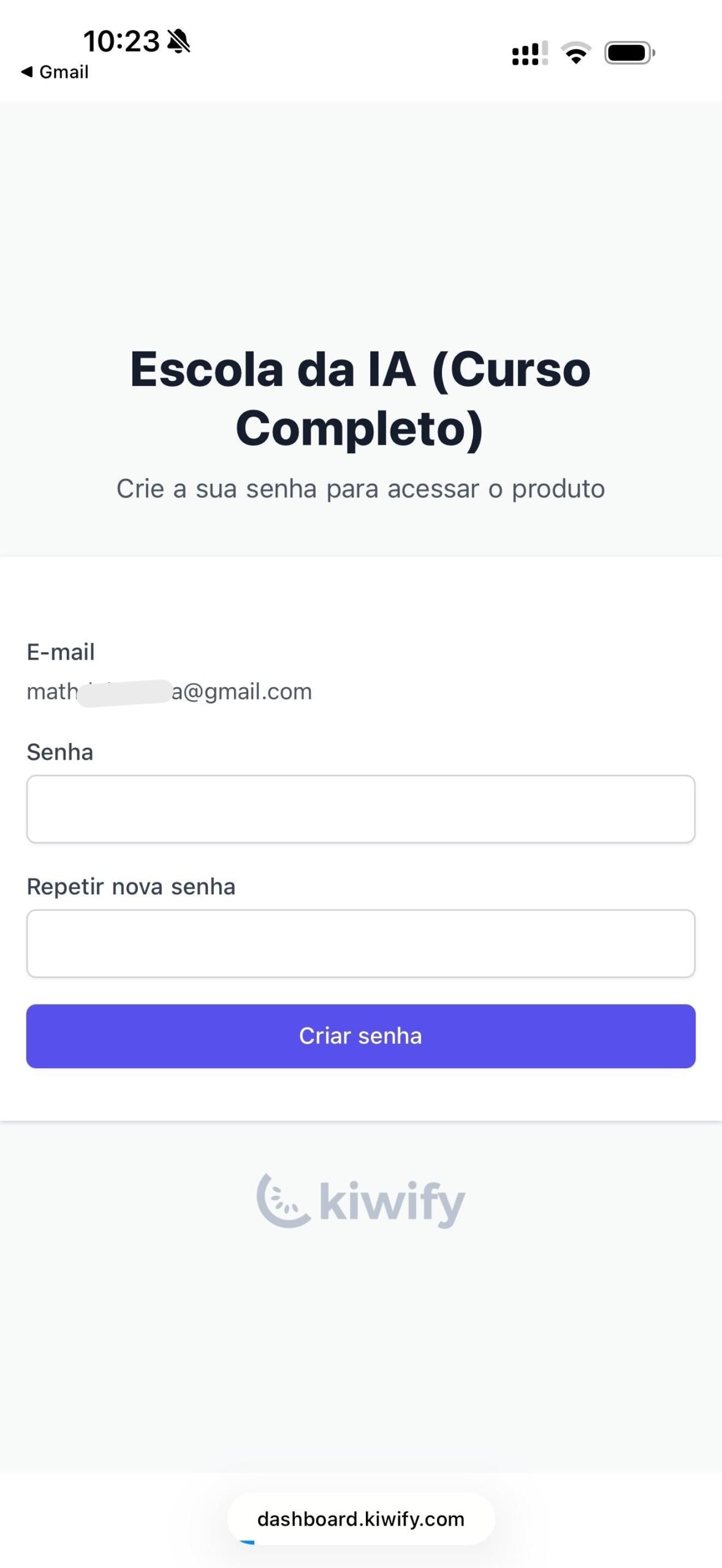 Tela da Kiwify com os campos para criar e repetir a senha