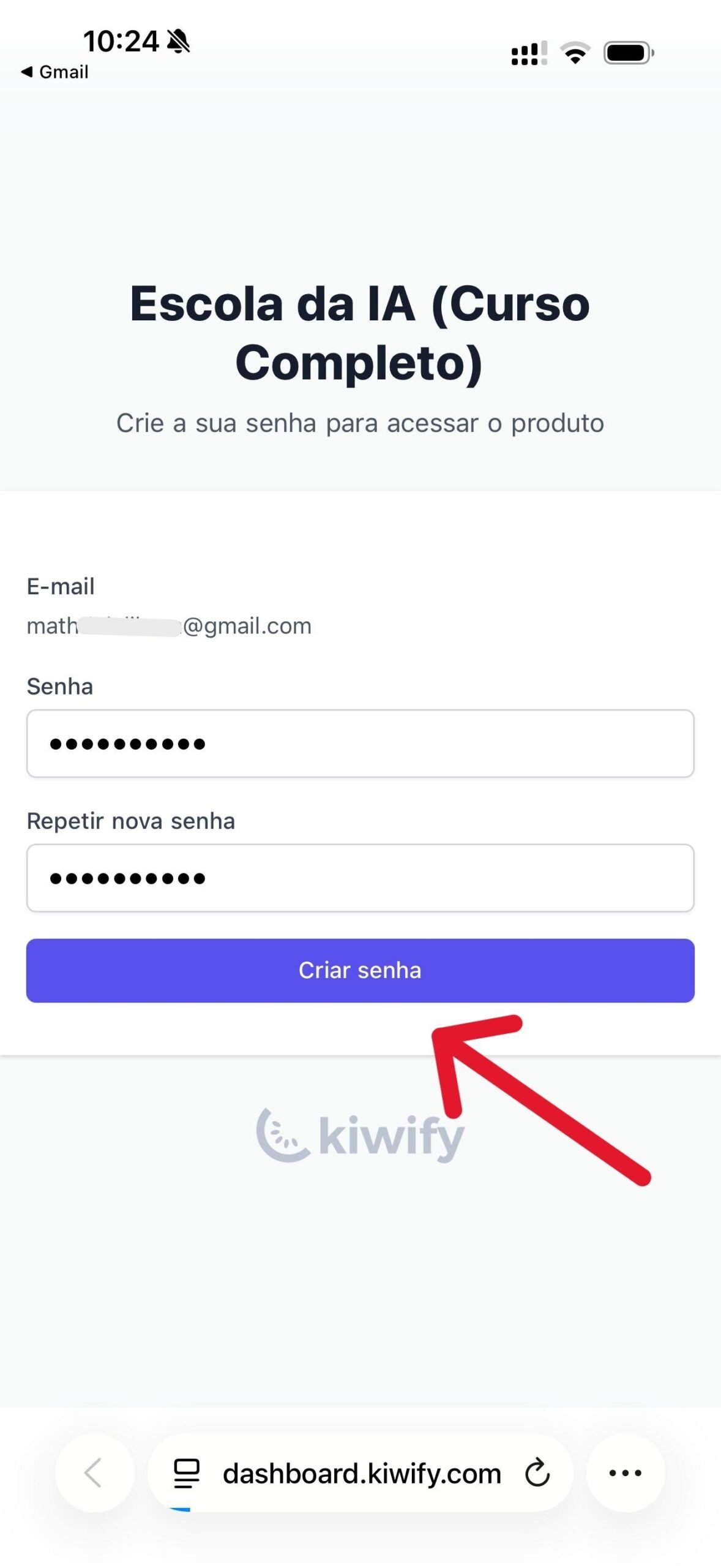 Tela da Kiwify com as senhas preenchidas e o botão Criar senha